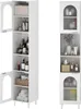 Two white bathroom cabinets are shown side-by-side against a white background. The cabinet on the left has its door open, revealing shelves stocked with various bathroom items. The cabinet on the right is closed, with its upper section featuring a glass do Produktbild-Vorschau