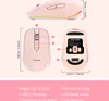 A pink wireless mouse shown from multiple angles with dimensions and feature callouts. Produktbild-Vorschau