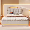 A modern bedroom with a bed featuring integrated lighting and storage. Produktbild-Vorschau