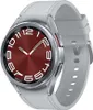 A studio shot of a silver Samsung Galaxy Watch 6 Classic with a red watch face and a white strap.