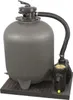 A sand filter system for a pool, consisting of a large gray tank and a black pump, mounted on a black base. Produktbild-Vorschau