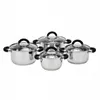 A set of four stainless steel pots with glass lids and black handles, arranged on a white background. Podgląd zdjęcia produktu