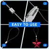 A collage of four images demonstrating how to use a wire loop fastener with pliers, showing the process and the final result with a star ornament. Produktbild-Vorschau