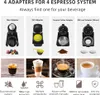 A collage of images showing espresso machine adapters and different types of coffee drinks, along with icons representing features. Produktbild-Vorschau