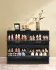 A dark wood shoe cabinet filled with shoes is shown against a light yellow wall. Náhled obrázku produktu