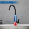 A black kitchen faucet with a diagram illustrating its internal workings, showing separate areas for water and electricity. Náhled obrázku produktu