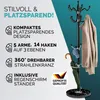 A coat rack with a marble base, displaying its features with text overlays. Produktbild-Vorschau