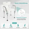 A shower chair with text and icons highlighting its features and target users. Produktbild-Vorschau