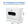A white compact dishwasher with dimensions indicated by text overlays. Produktbild-Vorschau