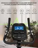 Close-up of an exercise bike's console and handlebars, with overlaid text and graphics highlighting features. Produktbild-Vorschau
