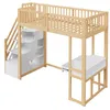 A loft bed with a desk and stairs, made of wood and white material, shown against a white background. Náhled obrázku produktu
