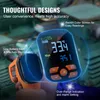 A hand holding an orange and black infrared thermometer, with a close-up of its digital display highlighted by a blue overlay and text callouts describing its features. Podgląd zdjęcia produktu
