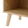 A close-up view of the wooden legs and bottom shelf of a piece of furniture. Voir les images du produit