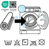 An illustration showing a rolled-up rug being placed into a washing machine, with laundry care symbols below. Produktbild-Vorschau
