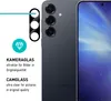 A close-up marketing image showing a smartphone's camera module and a screen, with accompanying text describing the product's features. Produktbild-Vorschau