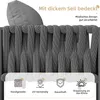 Close-up of a gray woven outdoor furniture set with descriptive text and icons. Produktbild-Vorschau