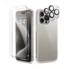 A product shot of an iPhone 15 Pro protective accessory set, including screen protectors, camera protectors, and a clear case. Produktbild-Vorschau