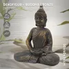 A bronze Buddha statue is shown in a seated meditation pose, with text overlays describing its features and dimensions. Náhľad obrázku produktu
