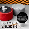 Two poufs, one red and one gray, are shown in a room setting with a patterned background. The red pouf has a tray with decorative candles on top. Text overlays describe the product's features. Produktbild-Vorschau