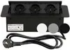 A black retractable power strip with three outlets, a power cord, and three decorative caps (white, gray, black). Produktbild-Vorschau