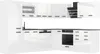 A modern, white, high-gloss L-shaped kitchen unit with black handles and a black sink and faucet. Produktbild-Vorschau