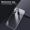 A clear phone case is shown on a dark, angled surface. Produktbild-Vorschau