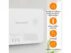 A white carbon monoxide detector is shown mounted on a wall, with a vertical panel on the right side detailing its features with icons and German text. Produktbild-Vorschau