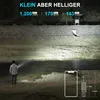 A person is shining a flashlight into a body of water at night, with marketing text and a phone size comparison overlay. Produktbild-Vorschau