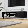 A black TV stand with open shelves and a closed cabinet, placed in a living room setting with a plant and a TV mounted on the wall. Produktbild-Vorschau