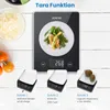 A digital kitchen scale is shown with instructions on how to use its tare function, accompanied by images of food items. Náhľad obrázku produktu