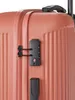 A close-up view of a coral-colored suitcase, focusing on the integrated TSA lock and zipper. Produktbild-Vorschau