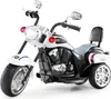 A white and black police-themed electric toy motorcycle for children, shown from a three-quarter front angle against a white background. Náhľad obrázku produktu