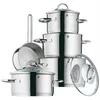 A set of stainless steel pots and pans stacked together. Produktbild-Vorschau