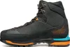 Schwarze Bergschuhe "Zodiac Tech LT GTX" von Scarpa mit orangefarbenen und blauen Akzenten; seitliche Ansicht. Podgląd zdjęcia produktu