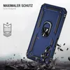 A blue phone case with a ring holder is shown in a dynamic, debris-filled scene, suggesting durability and protection. Produktbild-Vorschau