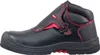 A black safety shoe with red stitching and accents, shown from the side against a white background. Produktbild-Vorschau