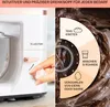 A close-up of a kitchen mixer with a hand adjusting the dial, next to a diagram showing different settings and a background of chocolate batter. Produktbild-Vorschau