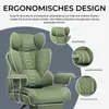 A green ergonomic gaming chair with callouts for its headrest, lumbar support, and back support. Produktbild-Vorschau