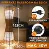 A floor lamp is shown in a room setting with text overlays highlighting its features and dimensions. Produktbild-Vorschau