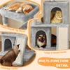 A multi-level cat tree with several cats interacting with it, featuring text overlays highlighting its features. Produktbild-Vorschau
