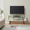 A white TV stand with a television on top, placed in a living room setting. Produktbild-Vorschau