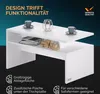 A white coffee table with decorative items and text overlays highlighting its features. Produktbild-Vorschau