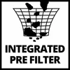 An illustration showing debris being filtered by a grate, with text indicating an integrated pre-filter. Produktbild-Vorschau