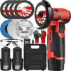 A collection of tools and accessories for a mini angle grinder, including the grinder itself, batteries, charger, cutting discs, and safety gear. Produktbild-Vorschau