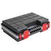 A black plastic storage case with red latches and gray trim, shown from a three-quarter angle against a white background. Produktbild-Vorschau