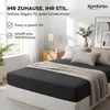 A bedroom scene with a bed dressed in a dark gray fitted sheet and decorative pillows. Produktbild-Vorschau