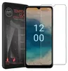 A product shot of a phone screen protector packaging and the screen protector itself, with a phone displaying the time. Produktbild-Vorschau