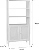A white bookshelf with two doors at the bottom, featuring rattan cane fronts. Dimensions are indicated with lines and text. Produktbild-Vorschau