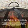Close-up of a fire pit with flames visible through a mesh lid, with German text overlay. Produktbild-Vorschau