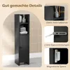 A tall, narrow black cabinet with shelves and a door, shown in a bathroom setting with tiled walls. The image also includes close-up views of product features. Podgląd zdjęcia produktu